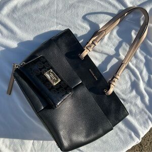 Michael Kors Black and Tan Leather Tote and Wristlet bundle